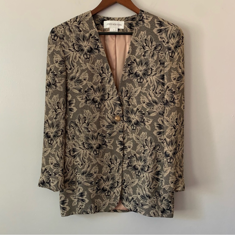 Vintage Jones New York Navy Tan Floral Button Blazer Shoulder Pads Size 10
